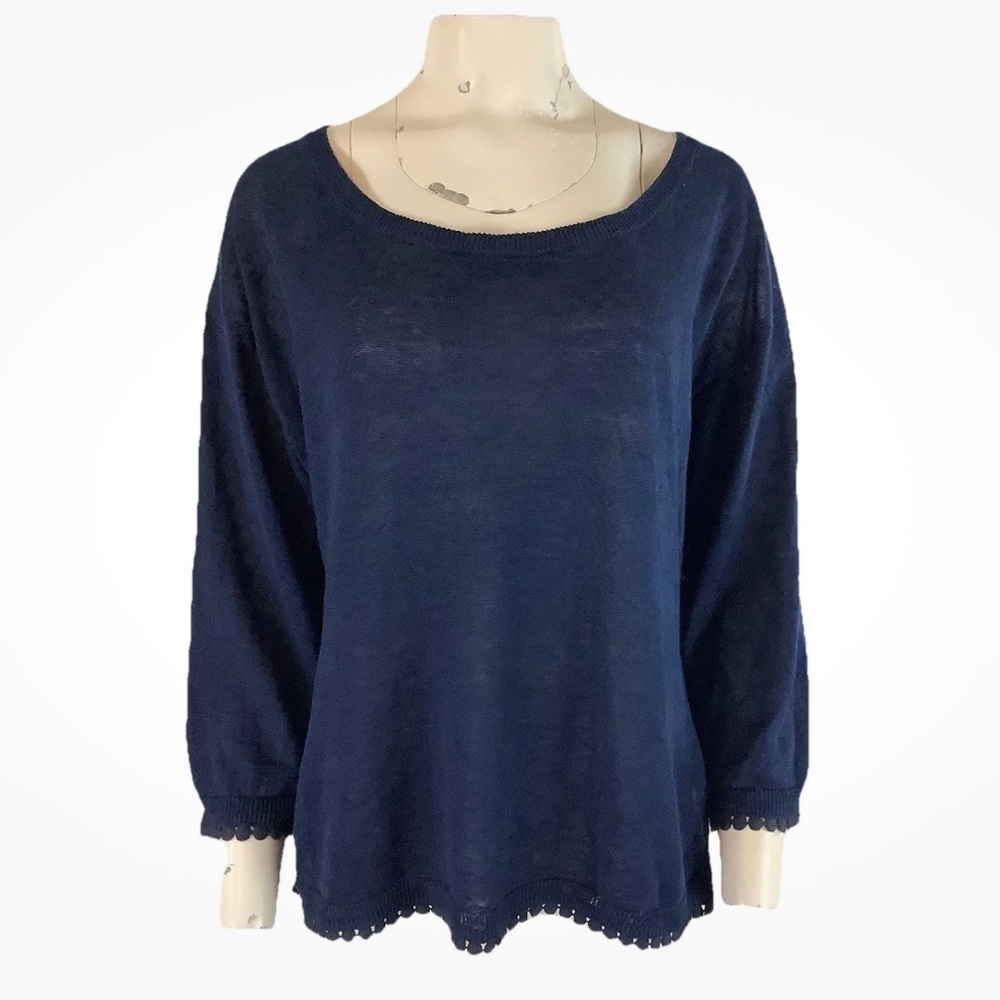 J Crew Sz L 100% Linen Lightweight Travel Beach Tassel Trimmed Boxy Sweater